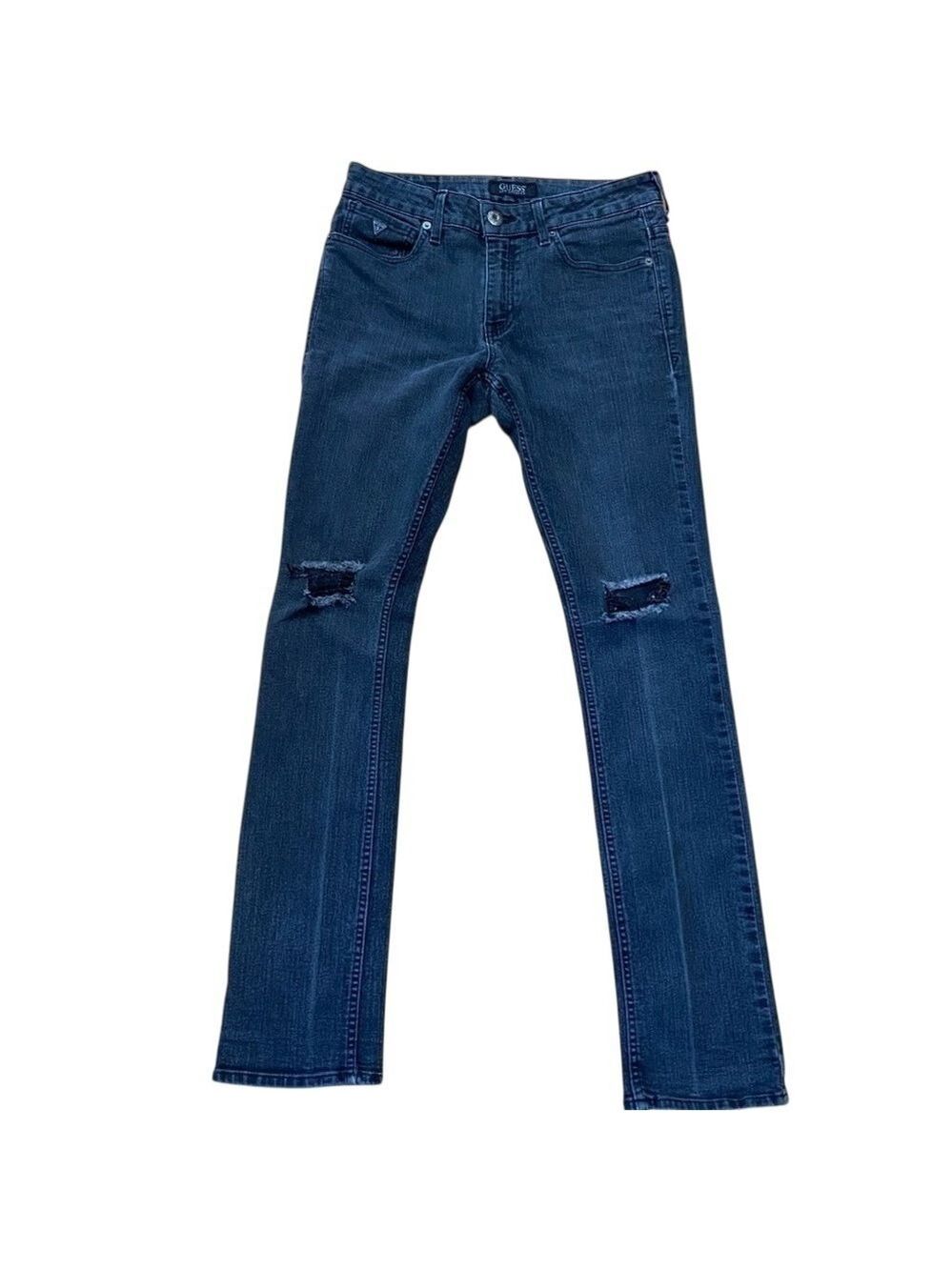 GUESS mens black skinny jeans ripped knees faded size 31 stretchy Denim